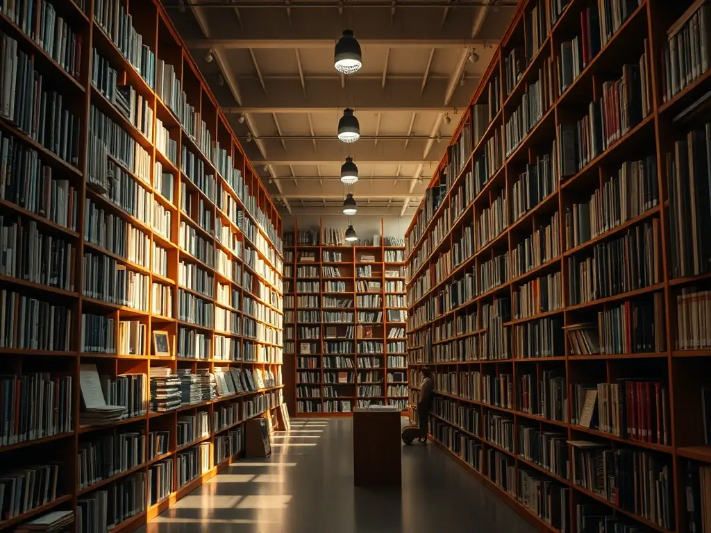 A photograph of a well-organized art library with shelves filled with art books, portfolios, and drawing materials, emphasizing the breadth of resources available at Jin Learning.