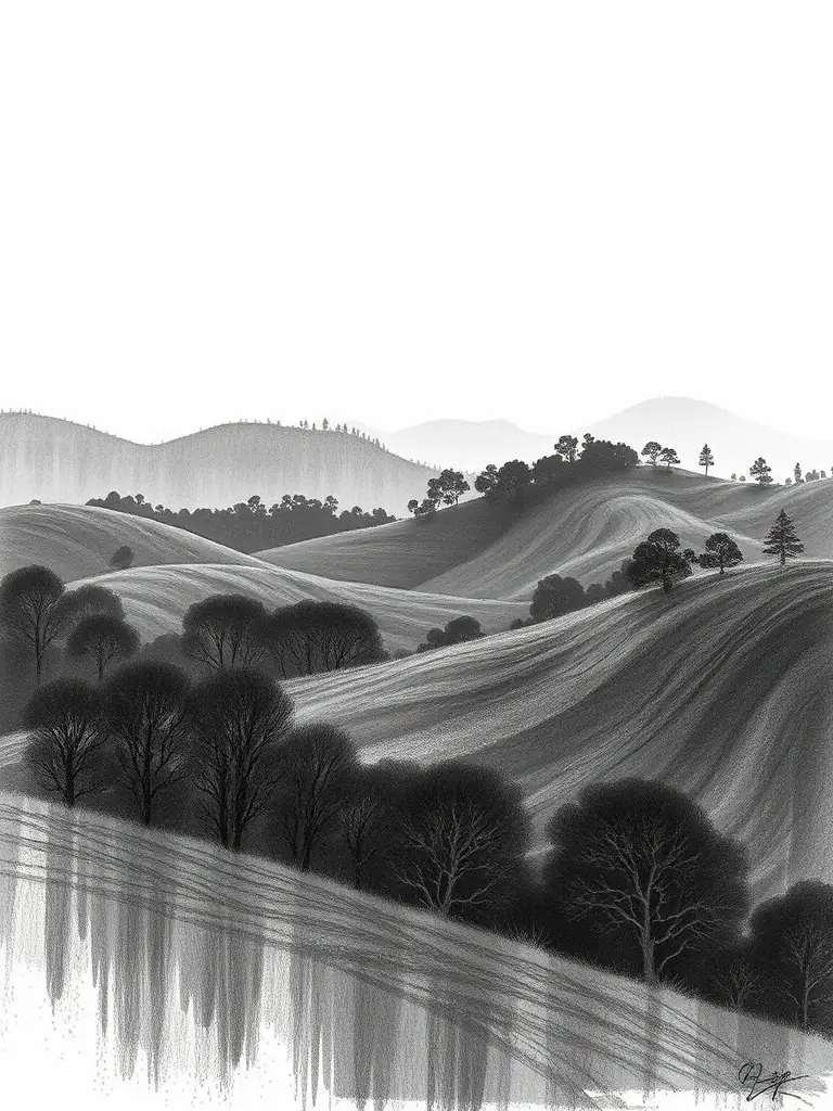 A charcoal drawing of a landscape, emphasizing the use of shading to create volume and depth, used to illustrate the volume drawing technique.