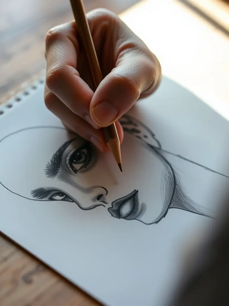 A detailed pencil sketch of a human eye, showcasing the use of light and shadow to create depth and realism, used to illustrate the line drawing technique.