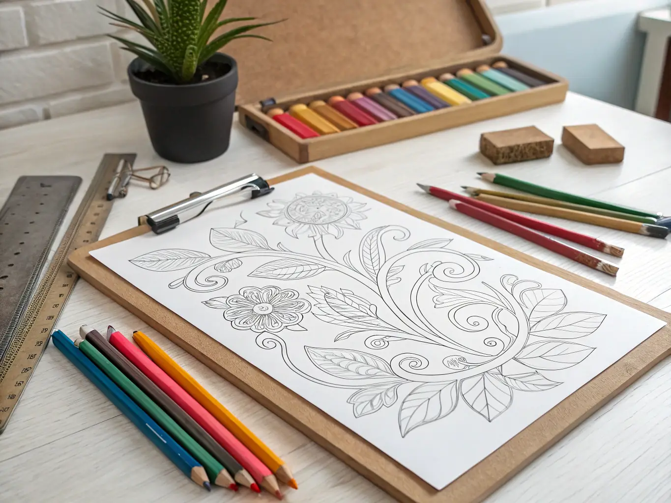 An image of various graphite pencils and blending tools laid out on a drawing table, ready for use in a shading exercise.