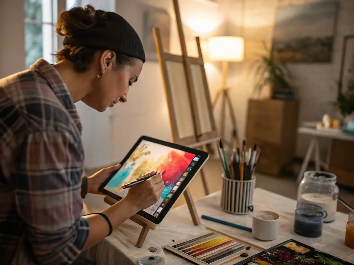 An image showcasing a student using a digital tablet to create art, with various digital painting software interfaces visible in the background, representing the integration of technology in art education at Jin Learning.