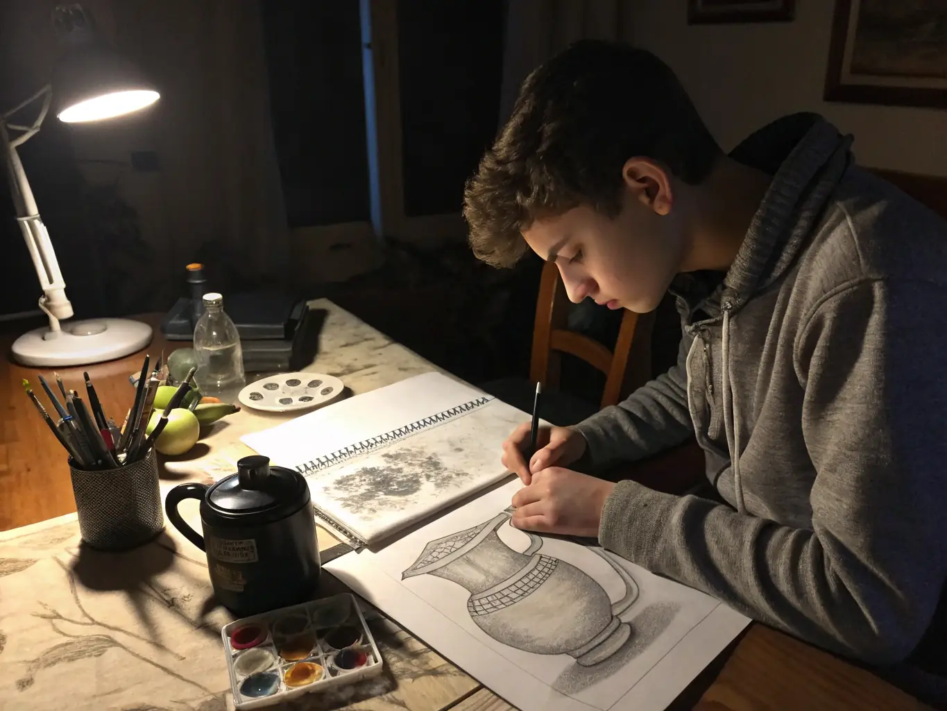 A close-up image of a student's hands sketching a still life with charcoal, focusing on the details of shading and texture.