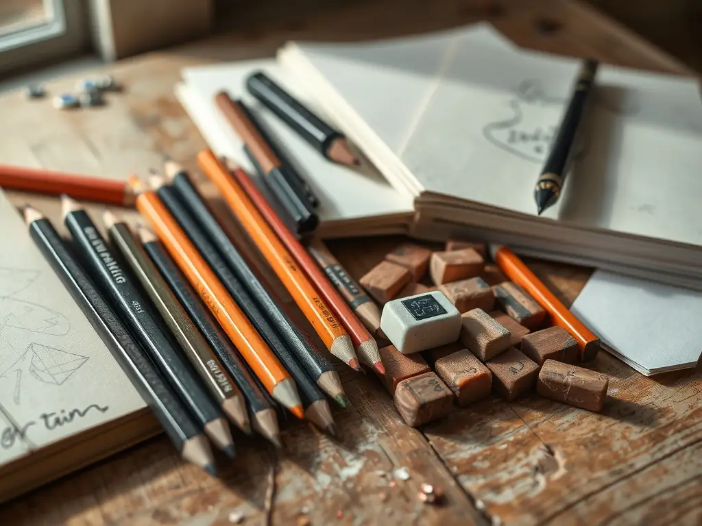 A close-up shot of various drawing tools such as pencils, charcoal sticks, erasers, and blending stumps arranged on a wooden table, highlighting the essential materials used in the course.
